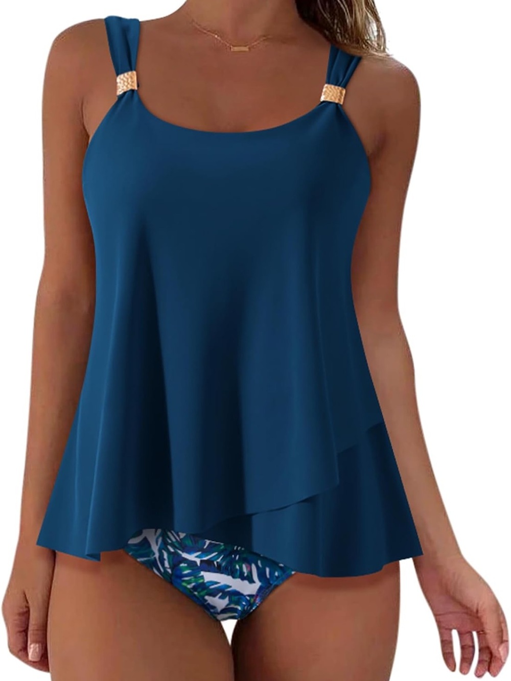 Women’s Navy Tankini Swim Top with Gold Accent